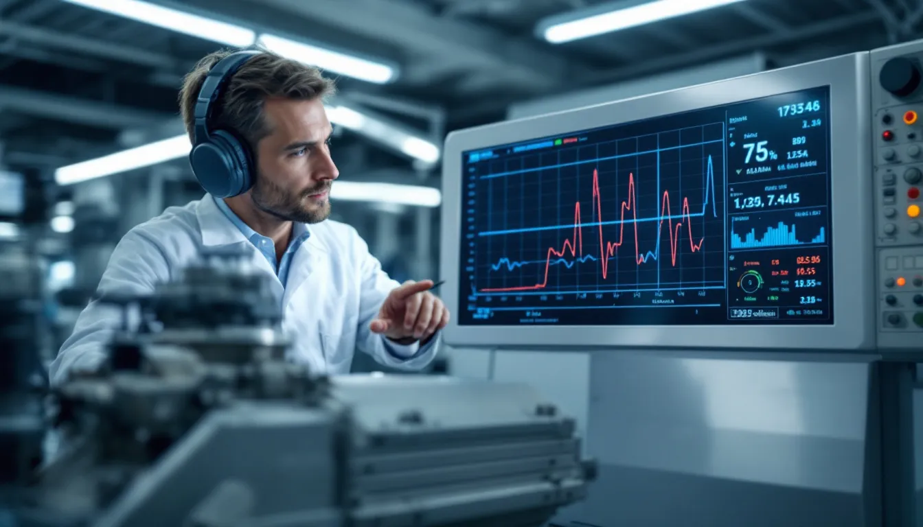 A technician analyzing data from a vibration test, focusing on vibration analysis.