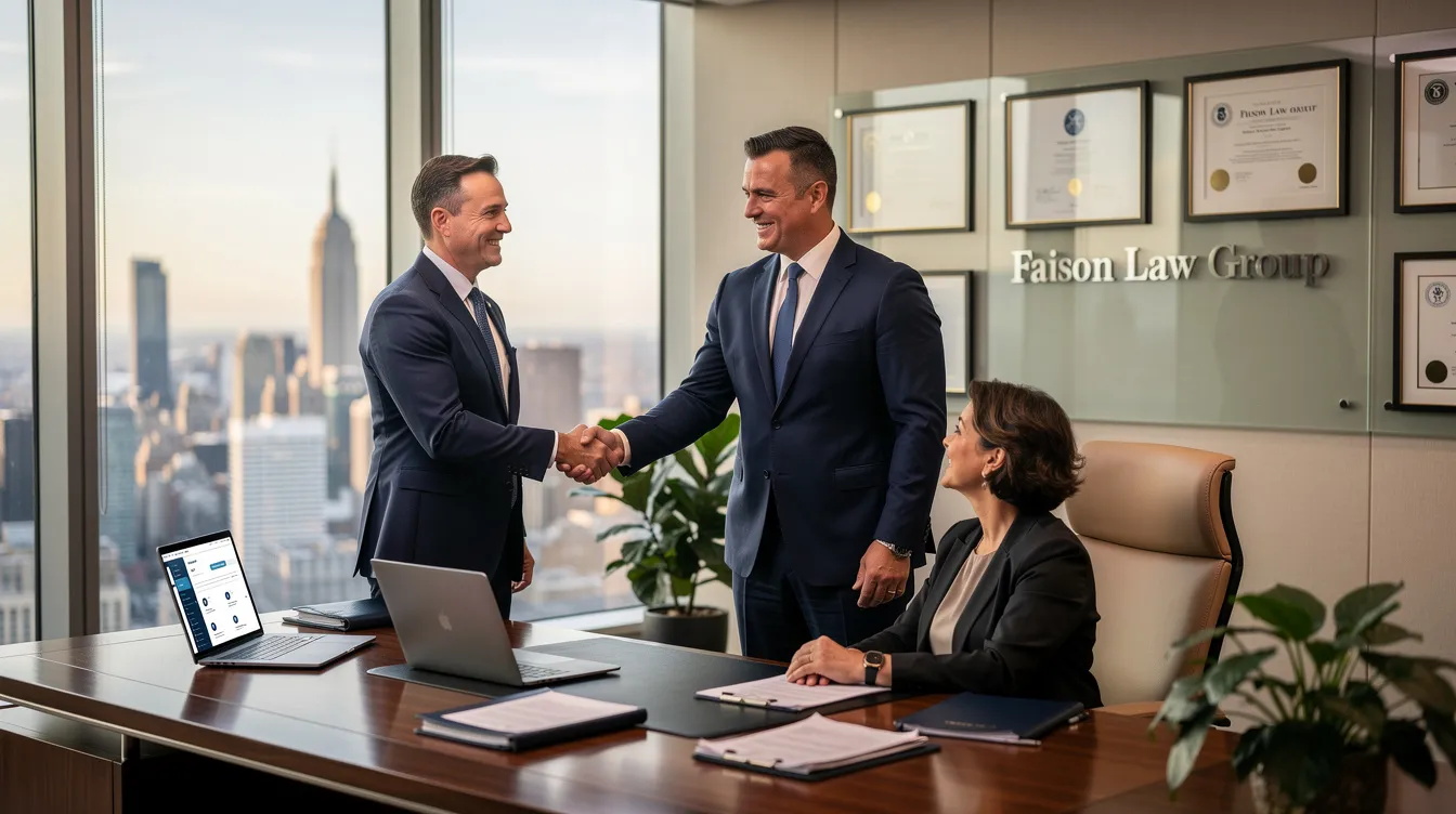In an upscale office with a scenic background, James from Faison Law Group shakes hands with a satisfied client, symbolizing a successful partnership and the establishment of a mutually beneficial agreement in their joint venture. The atmosphere reflects professionalism and trust, highlighting the extensive experience of the attorneys in navigating complex business negotiations.