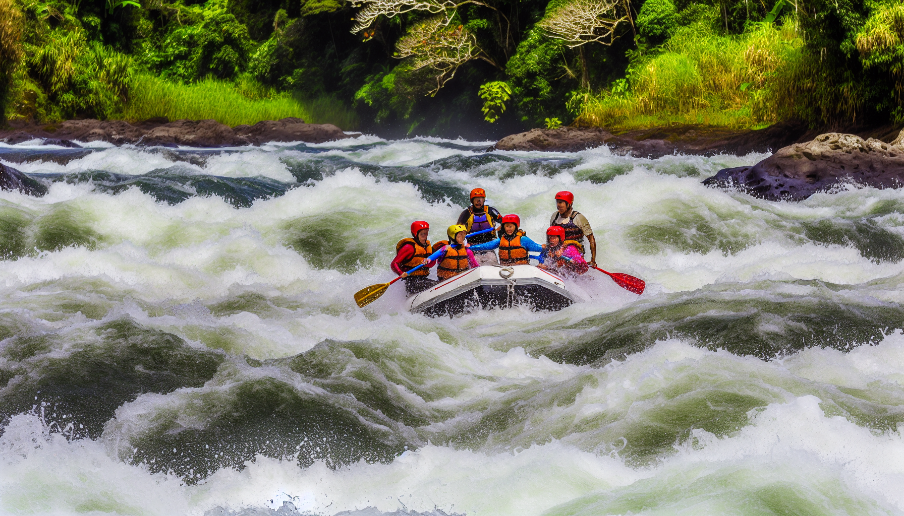 Exciting white water rafting adventure with lush greenery and rapids
