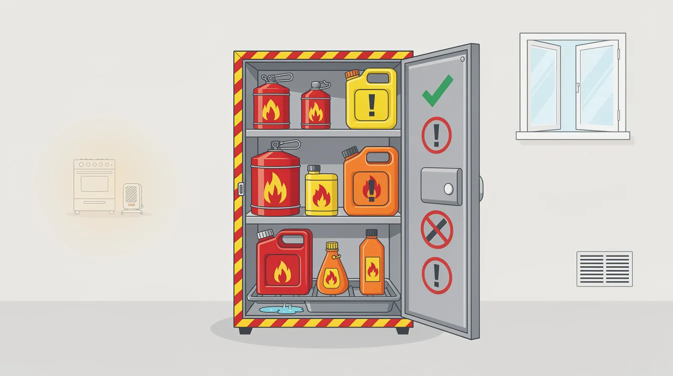 Image of a safe storage cabinet for flammable liquids, highlighting safety precautions.