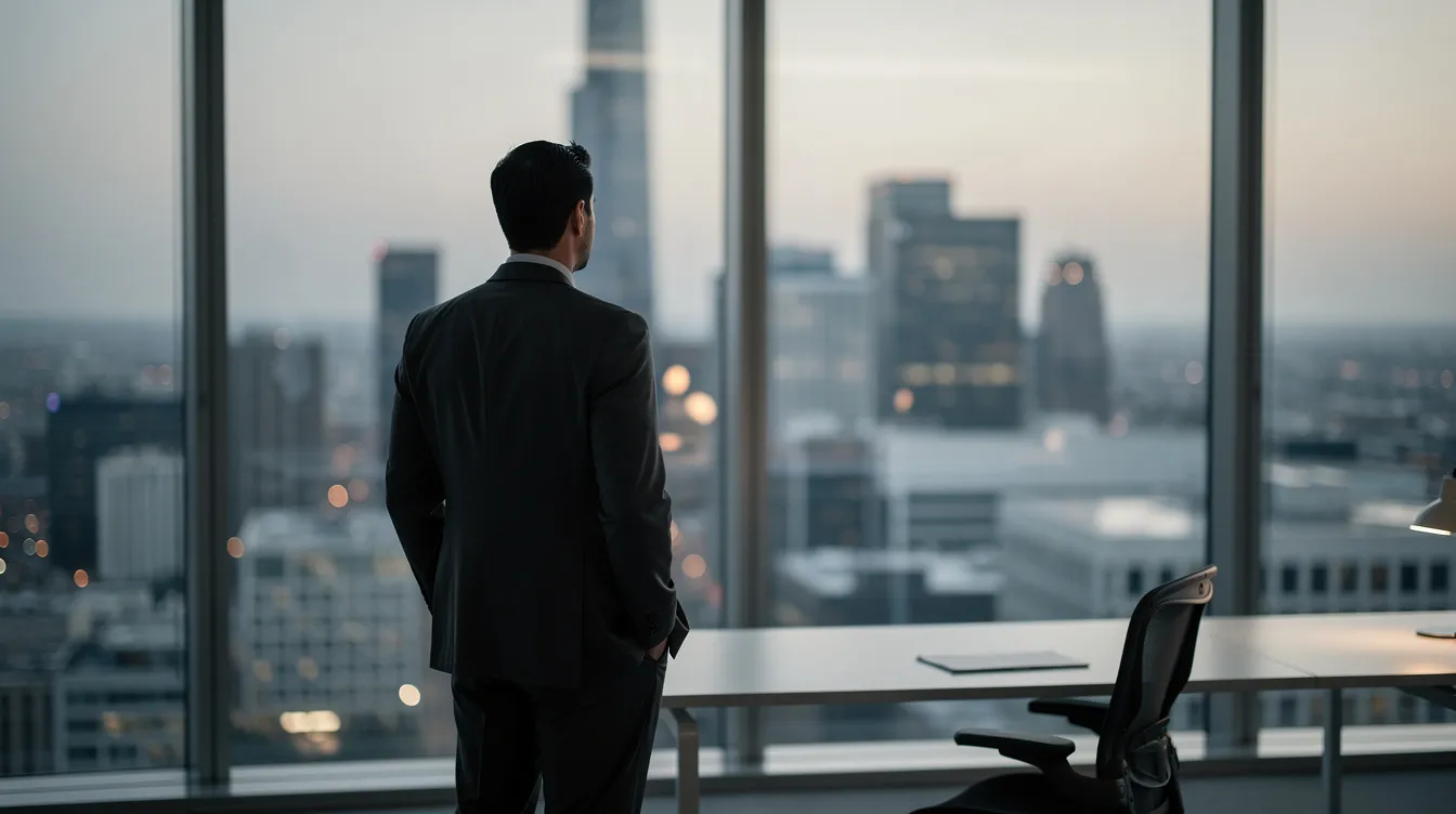 Un manager se tient seul devant une baie vitrée dans un bureau moderne, contemplant la ville tout en réfléchissant à ses objectifs et à la prise de décision. Cette image évoque le rôle crucial du leadership et du coaching dans l'accompagnement des équipes vers la réussite.