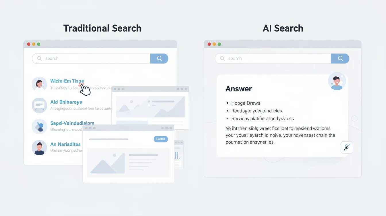 The image illustrates a comparison between traditional search results, where a user clicks through to a website, and AI search, where a user receives complete answers directly within the platform. This highlights the efficiency of AI search engines in providing instant AI-generated responses, enhancing user experience and potentially increasing website traffic and organic search visibility.