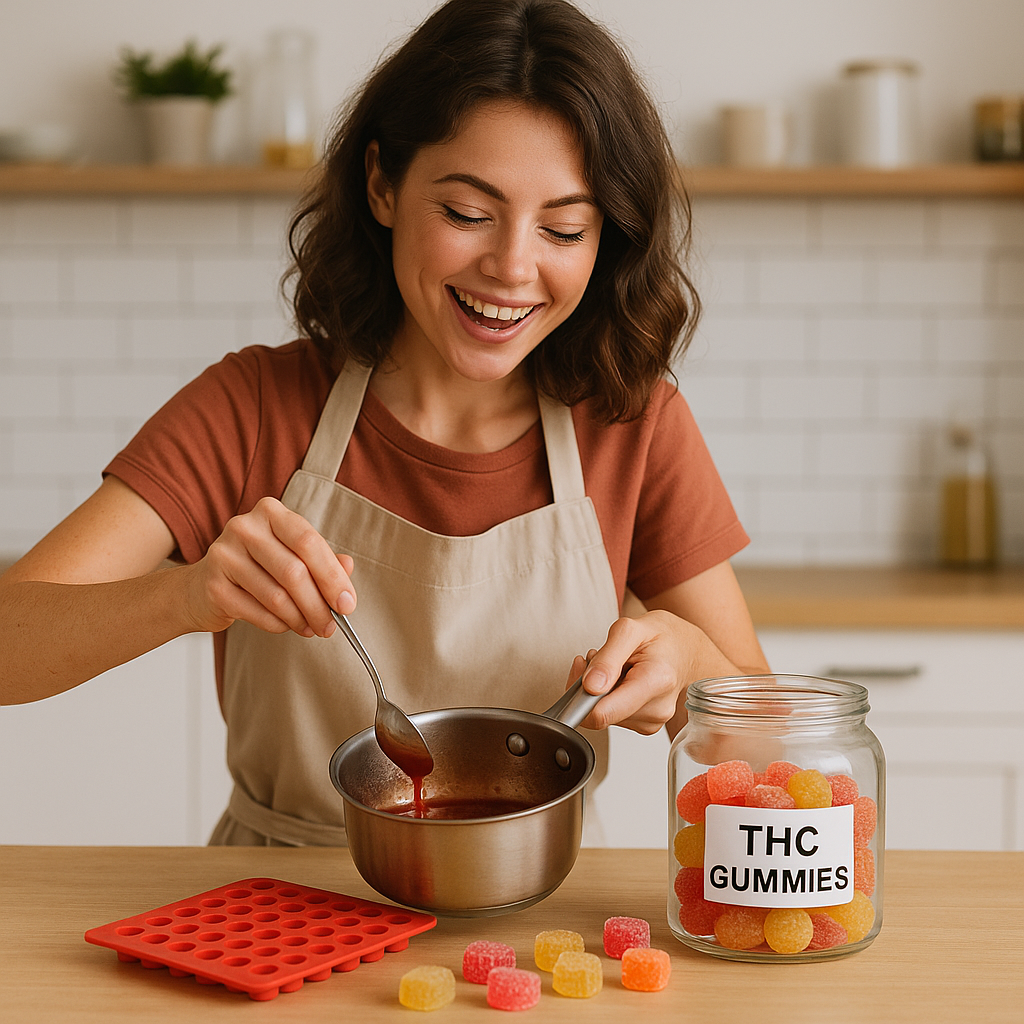 Animated woman with wavy hair preparing red THC gummies in a kitchen, pouring liquid into silicone molds on a counter, surrounded by jars and cooking utensils in a bright, cheerful environment.