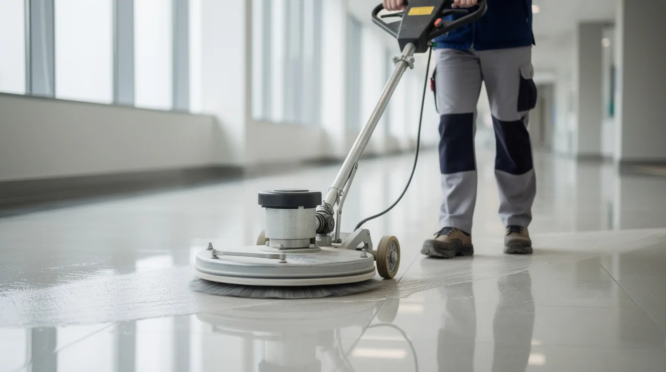 The image shows a swing machine in action, cleaning a commercial space, with a person visible from the waist down, demonstrating the effectiveness of professional cleaning services. This janitorial cleaning service is focused on maintaining cleanliness in high-traffic environments, ensuring a healthy workplace atmosphere.