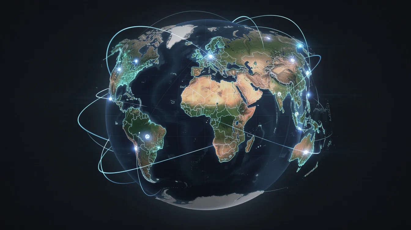The image depicts a globe with glowing connection points between various continents, symbolizing international data transfers and global communication. This visual representation highlights the interconnectedness of countries, including member states of the European Union, and emphasizes the importance of collaboration in today's digital world.