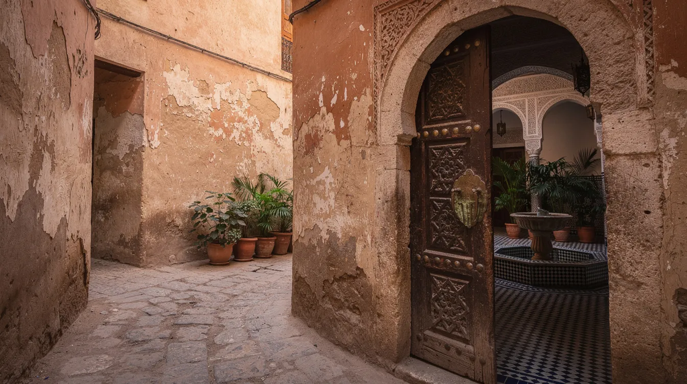 A narrow alleyway in the Fez medina features an ancient carved wooden door, with a glimpse of a serene courtyard visible beyond. This scene captures the rich architectural heritage linked to the University of Al Qarawiyyin, recognized as the world's oldest continuously operating educational institution, founded by Fatima al Fihri.