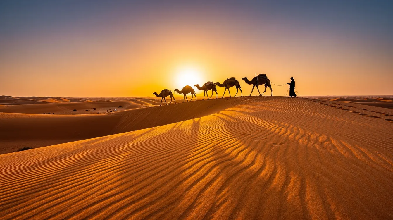 A stunning view of golden sand dunes in the Sahara Desert stretches to the horizon at sunset, with silhouettes of camels walking in a line, capturing the pure magic of Morocco's landscape. This scene highlights the beauty of the region, inviting travelers to explore its incredible tourist spots and experience the everyday life of locals.