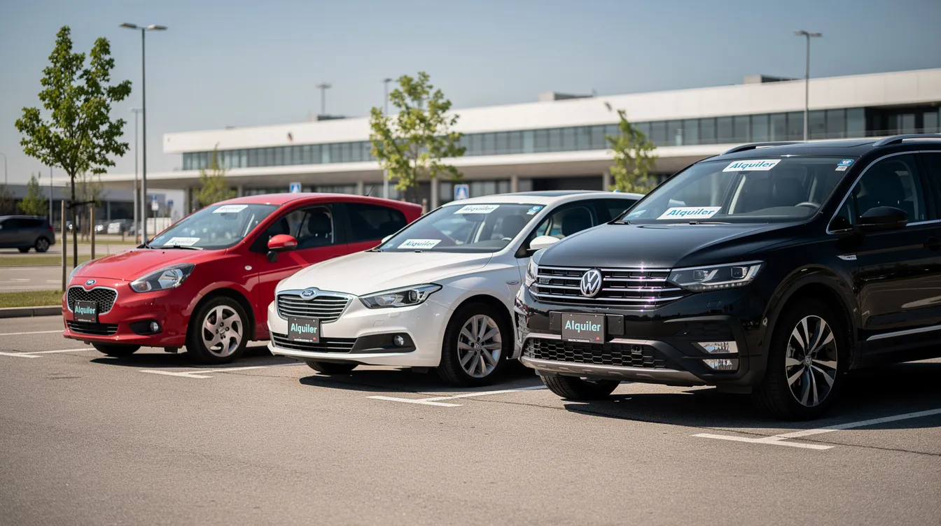 Imagen que muestra varios coches de alquiler aparcados en fila, incluyendo un coche pequeño rojo, un sedán blanco y un SUV negro, en un entorno urbano que podría ser parte de la ciudad de Fez, Marruecos. Esta variedad de vehículos refleja las opciones disponibles para alquilar un coche en Fez, facilitando la movilidad de los viajeros.