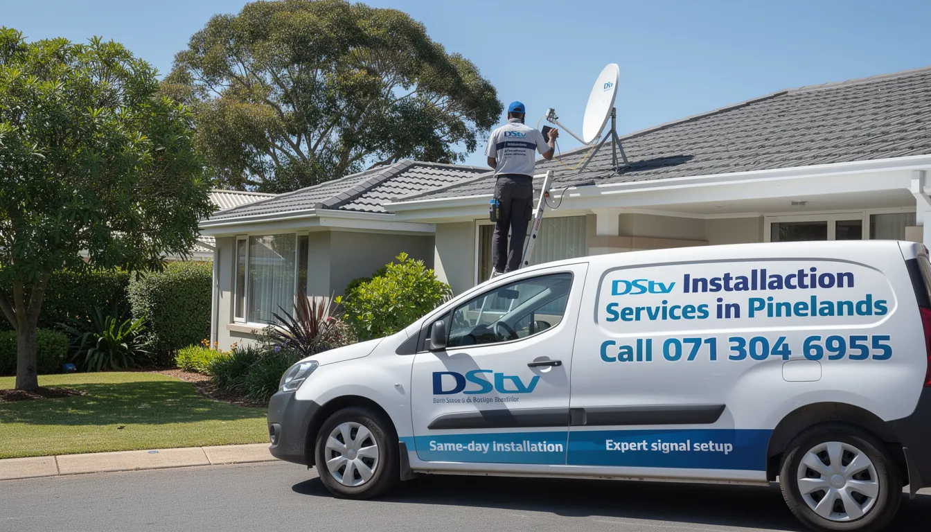 The image promotes DStv installation services in Pinelands, featuring a contact number (071 304 6955) for inquiries. It highlights the availability of professional DStv installers who provide reliable services, including satellite dish installation and troubleshooting for faulty signals.
