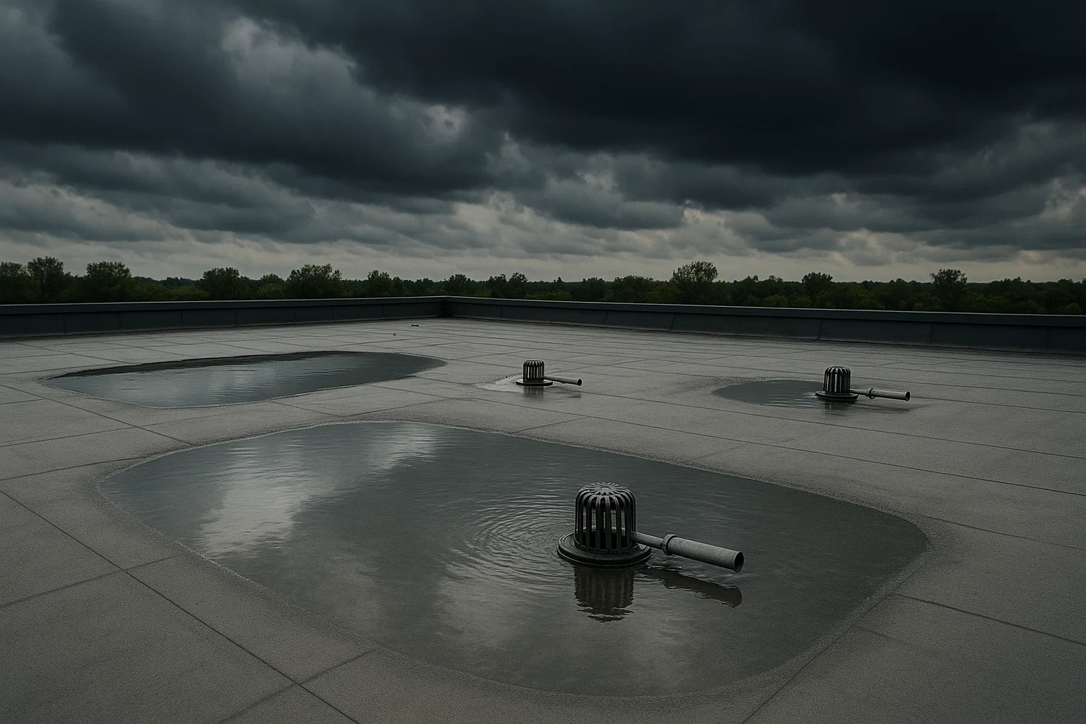 Blue roof on a commercial building featuring water retention zones and drainage controls after rainfall.