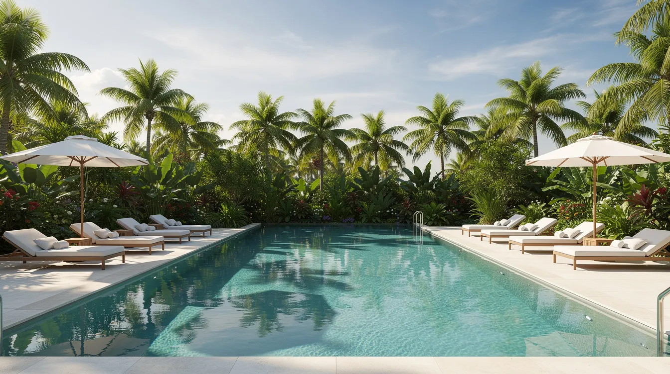 469bf5ef cabf 4fb9 8845 7d98e22c7775 The image depicts a stunning luxury hotel infinity pool surrounded by a lush tropical garden, complete with elegant sun loungers for relaxation. This serene setting reflects the high standards of the hospitality industry, showcasing how luxury hotels can enhance guest experiences and contribute to overall hotel performance.