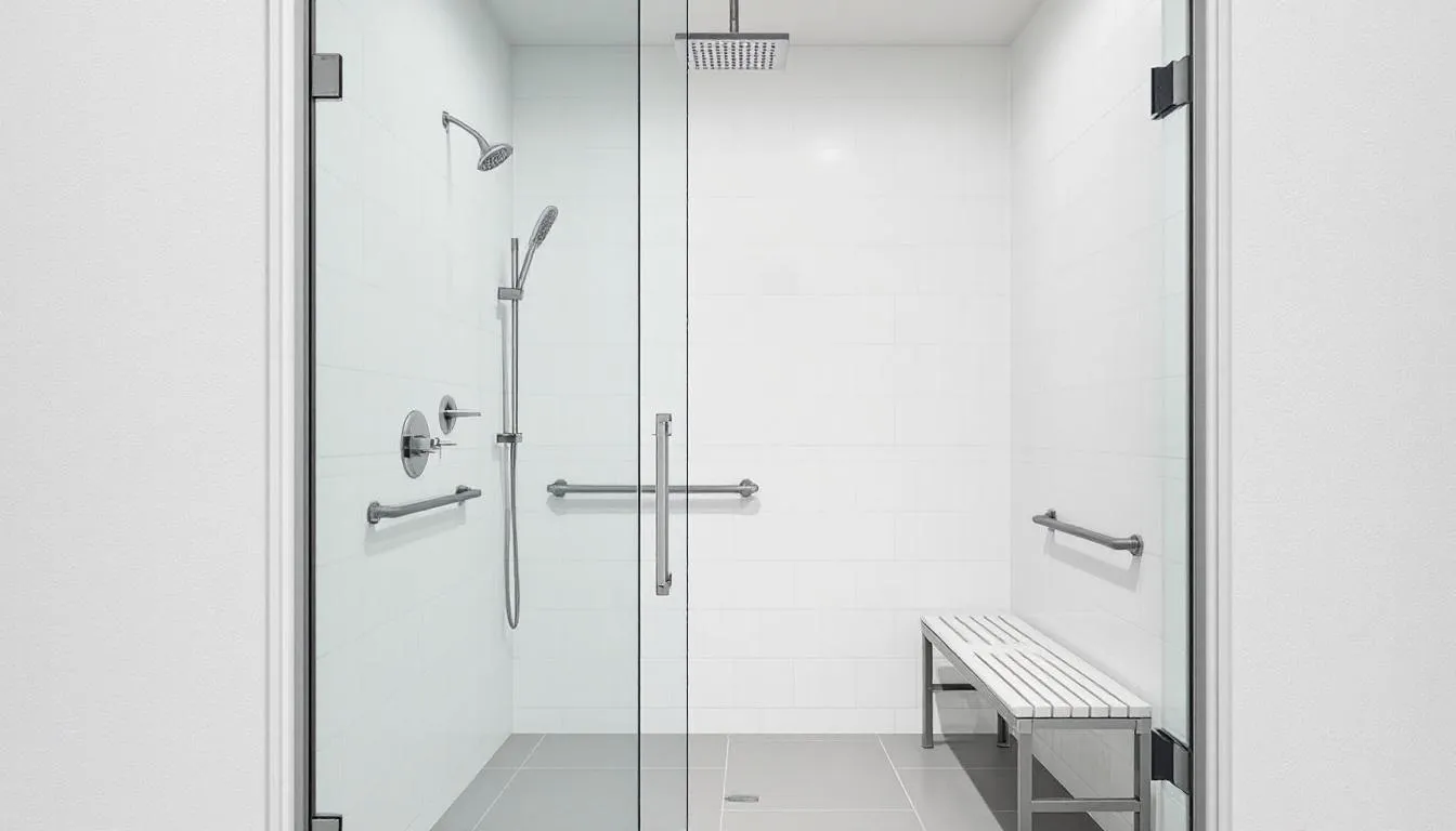 Curbless walk-in shower with grab bars, handheld showerhead, and a shower bench, designed for accessible bathroom renovations.