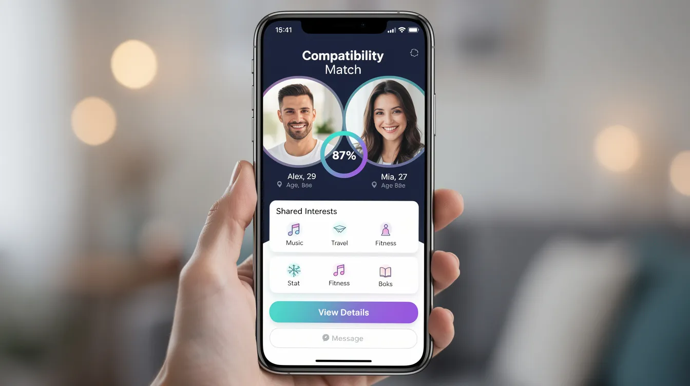 The image depicts a diverse group of real people using a popular dating app on their smartphones, highlighting the importance of genuine connections in online dating. They are engaged in conversations, suggesting that the app encourages users to find potential matches for serious relationships or casual dating based on their compatibility scores.