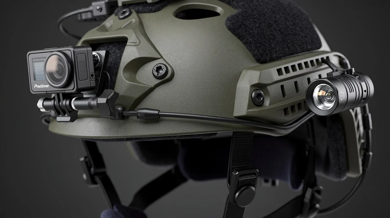 A close-up image of an airsoft helmet showcases its features, including a mounted action camera, a small torch, and an electronic headset attached to the side rails, highlighting the tactical accessories designed for optimal battlefield performance. The helmet, possibly a big foot fast helmet, is equipped with velcro panels for customization and is ideal for airsoft enthusiasts seeking quality gear.