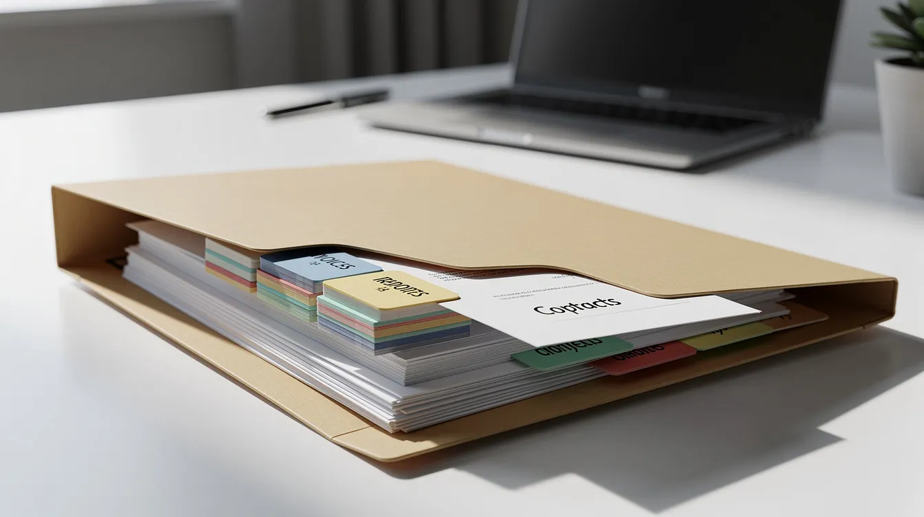 46a44296 f3d3 41ca 9f46 c7a822f26afe The image shows a neatly organized file folder on a clean office desk, featuring labeled document tabs that likely include important paperwork such as loan application forms, bank statements, and identity proof like an Aadhaar card. This setup suggests a focus on managing financial documents required for loan schemes, possibly related to the Mudra Yojana for small businesses.