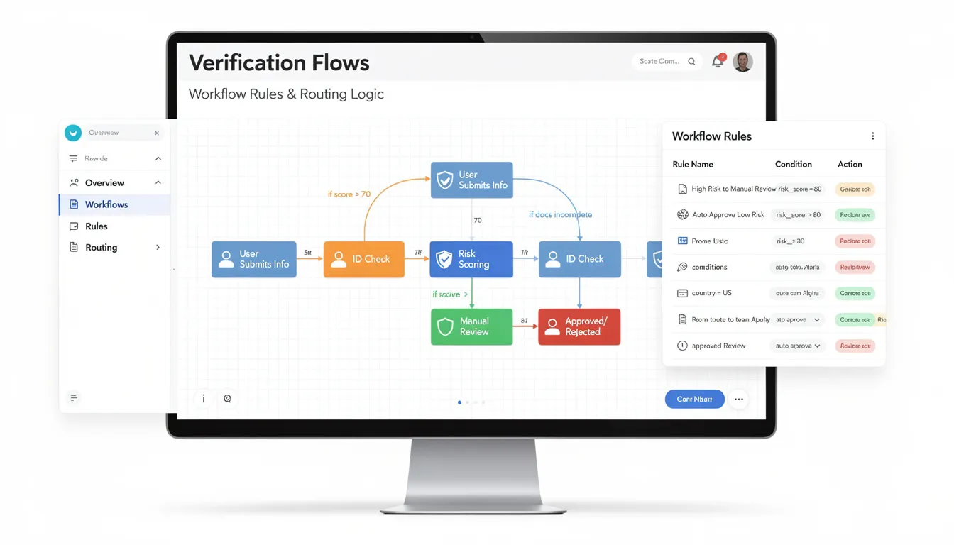 The image depicts a dashboard featuring workflow rules and routing logic specifically designed for identity verification processes in crypto companies. It highlights components such as automated verification tools and risk indicators, aimed at reducing user drop-offs during KYC processes while ensuring compliance with financial regulations and fraud prevention measures.
