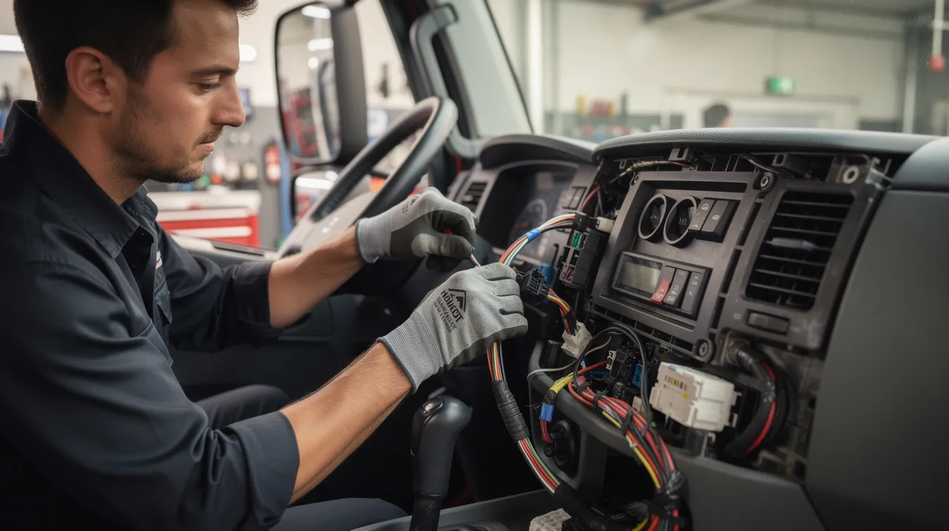 ELD Telematics Installation Services: A technician is seen carefully routing cables behind the dashboard panel of a truck, demonstrating the installation process for electronic logging devices (ELDs) as part of nationwide mobile installation services.