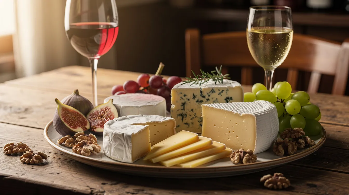 Une assiette de fromages français variés est présentée, accompagnée de verres de vin rouge et blanc. Cette composition évoque une expérience de dégustation de vin à Paris, mettant en avant les accords parfaits entre vins et fromages pour le plaisir des épicuriens.