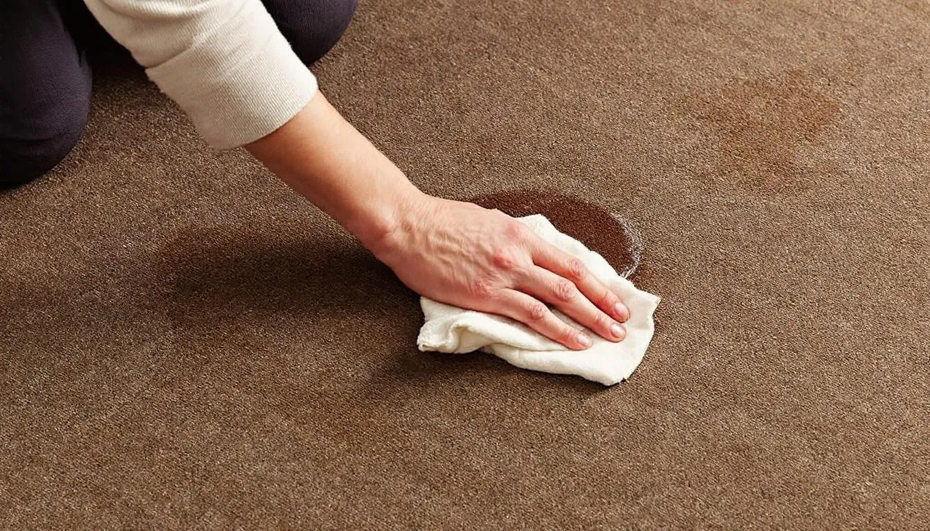 A person is gently blotting a spill on a wool rug using a white cloth, demonstrating a careful approach to cleaning rugs and maintaining their durable fibers. The rug's texture is soft and cozy, making it a great choice for spaces with kids and pets.