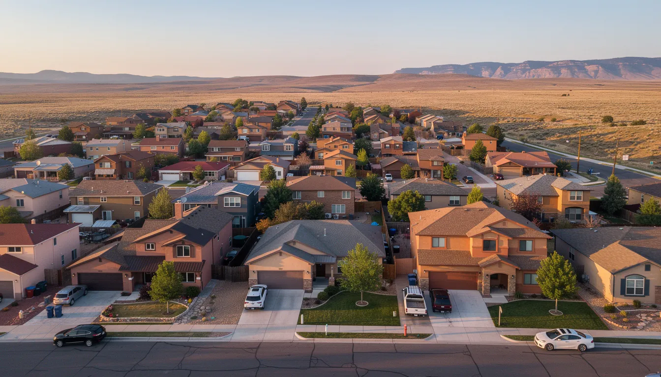 An aerial view of a residential neighborhood in Pueblo, Colorado, showcases a variety of home styles and rooflines, highlighting the diverse architecture in the area. This image reflects the importance of professional gutter installation and maintenance for homeowners to protect their properties from water damage and ensure efficient drainage systems.