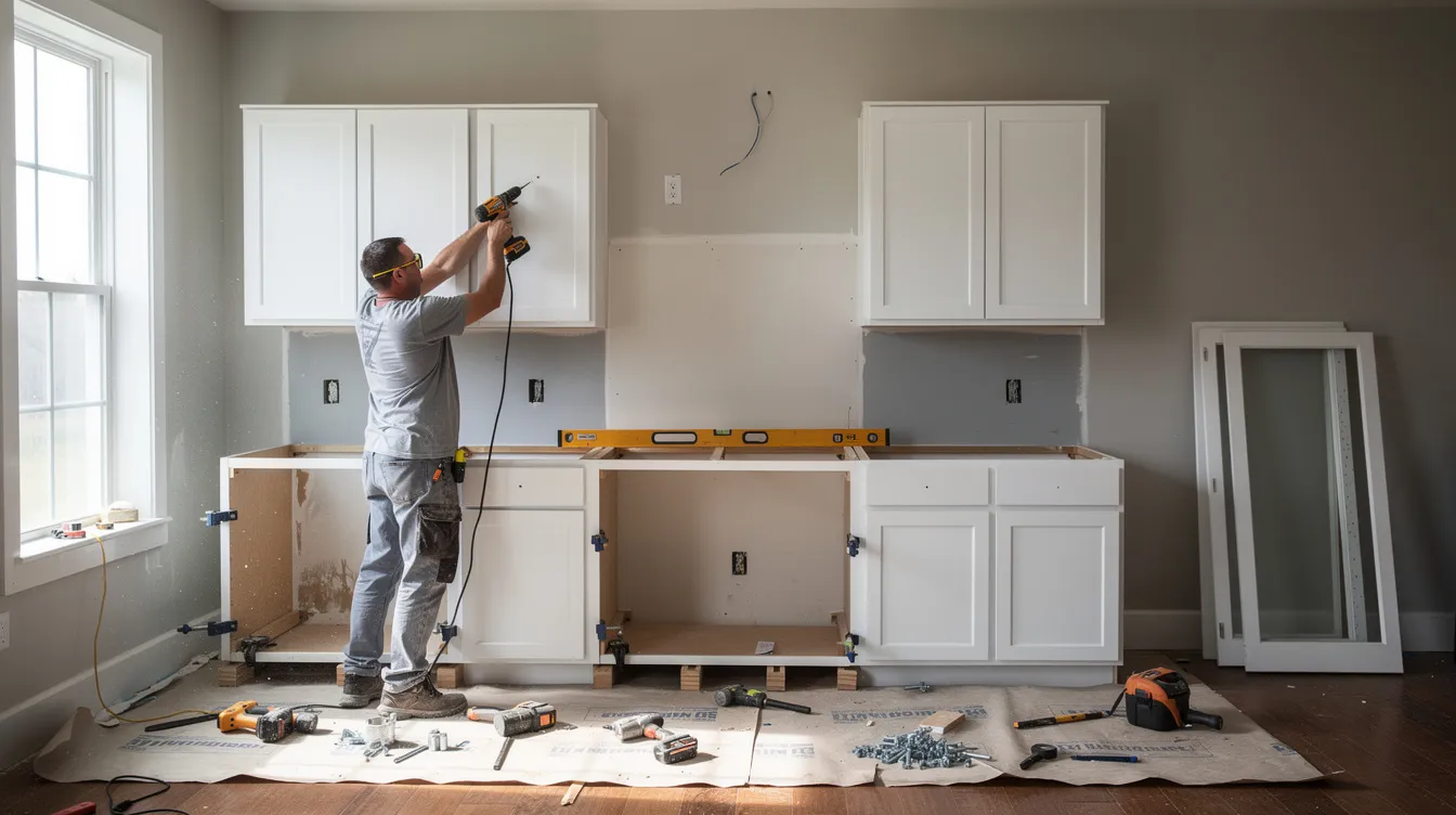 The image depicts a home renovation in progress, featuring a worker installing new kitchen cabinets, showcasing the transformation of the space. This renovation could be financed through options like a home equity line of credit, allowing homeowners to access funds for home improvements while potentially benefiting from lower interest rates.