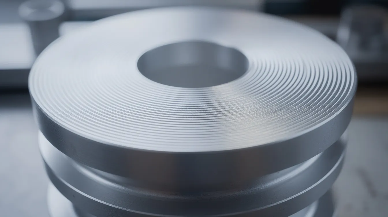 This close-up photograph captures a machined aluminum part, revealing fine circular tool marks on its surface that highlight the surface roughness and texture. The visible peaks and valleys indicate the machining process used, showcasing the typical machined surface and its unique surface finish characteristics.