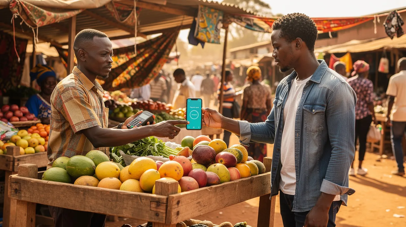 A person is tapping their smartphone at a market stall in an outdoor Kenyan market to complete a mobile payment, showcasing the convenience of digital wallets and local payment methods for everyday transactions. This scene highlights the growing trend of mobile money transactions and financial inclusion in Kenya.