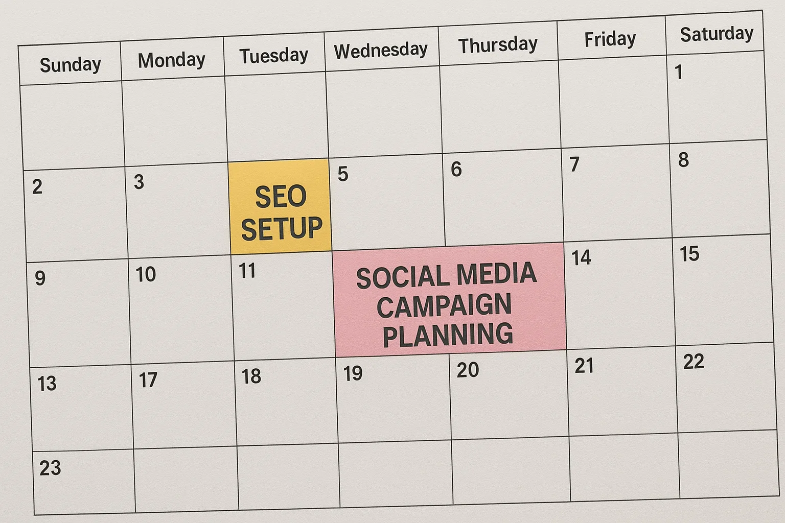 A calendar with one section marked for SEO setup and another for social media campaign planning