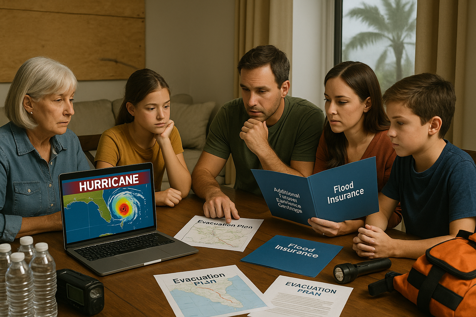 A family is gathered in a safe location, discussing their evacuation plan in preparation for an approaching hurricane in Florida. They are reviewing important aspects of hurricane preparedness, including flood insurance and the potential need for additional living expenses coverage if their home becomes uninhabitable due to severe weather.
