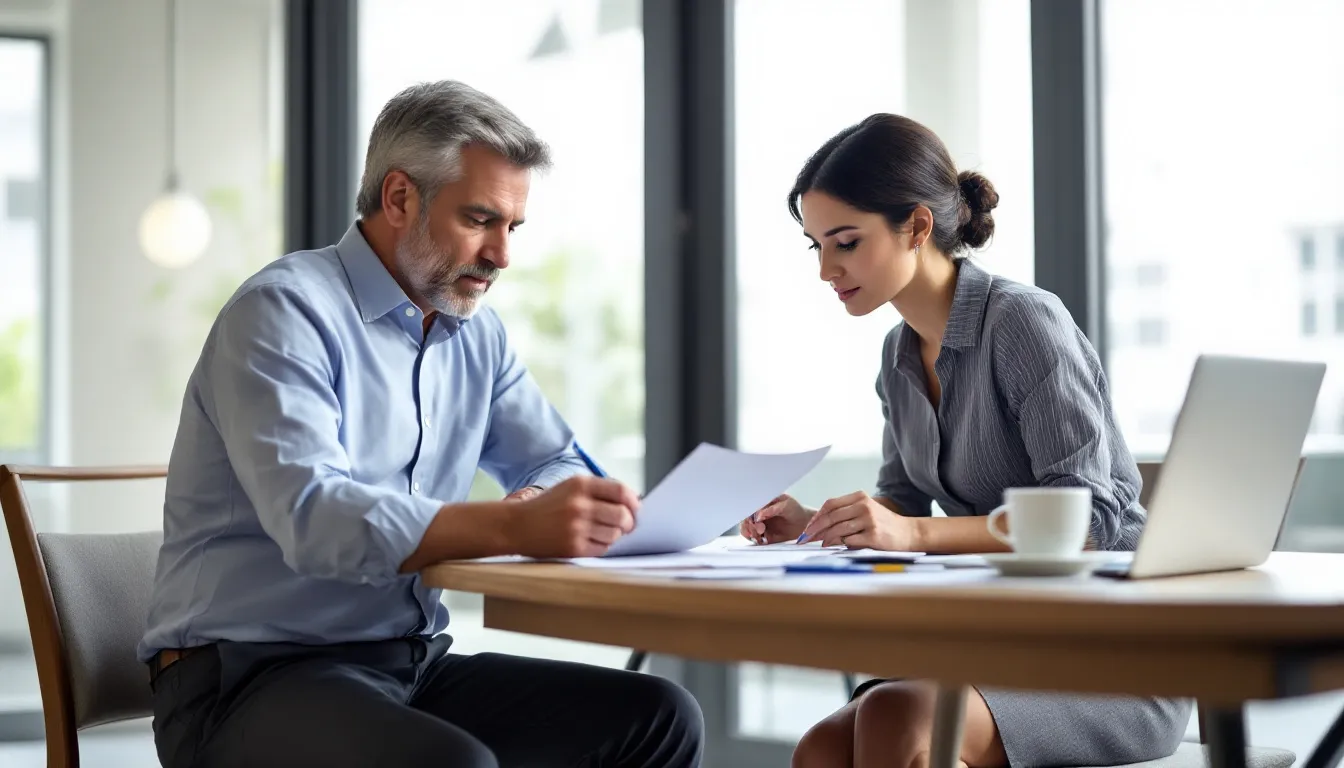 Na imagem, um proprietário e um inquilino estão sentados em uma mesa, revisando um contrato de aluguel. Eles parecem concentrados, discutindo detalhes importantes relacionados a valores e reajustes, possivelmente considerando índices como o IPCA e a variação de preços.