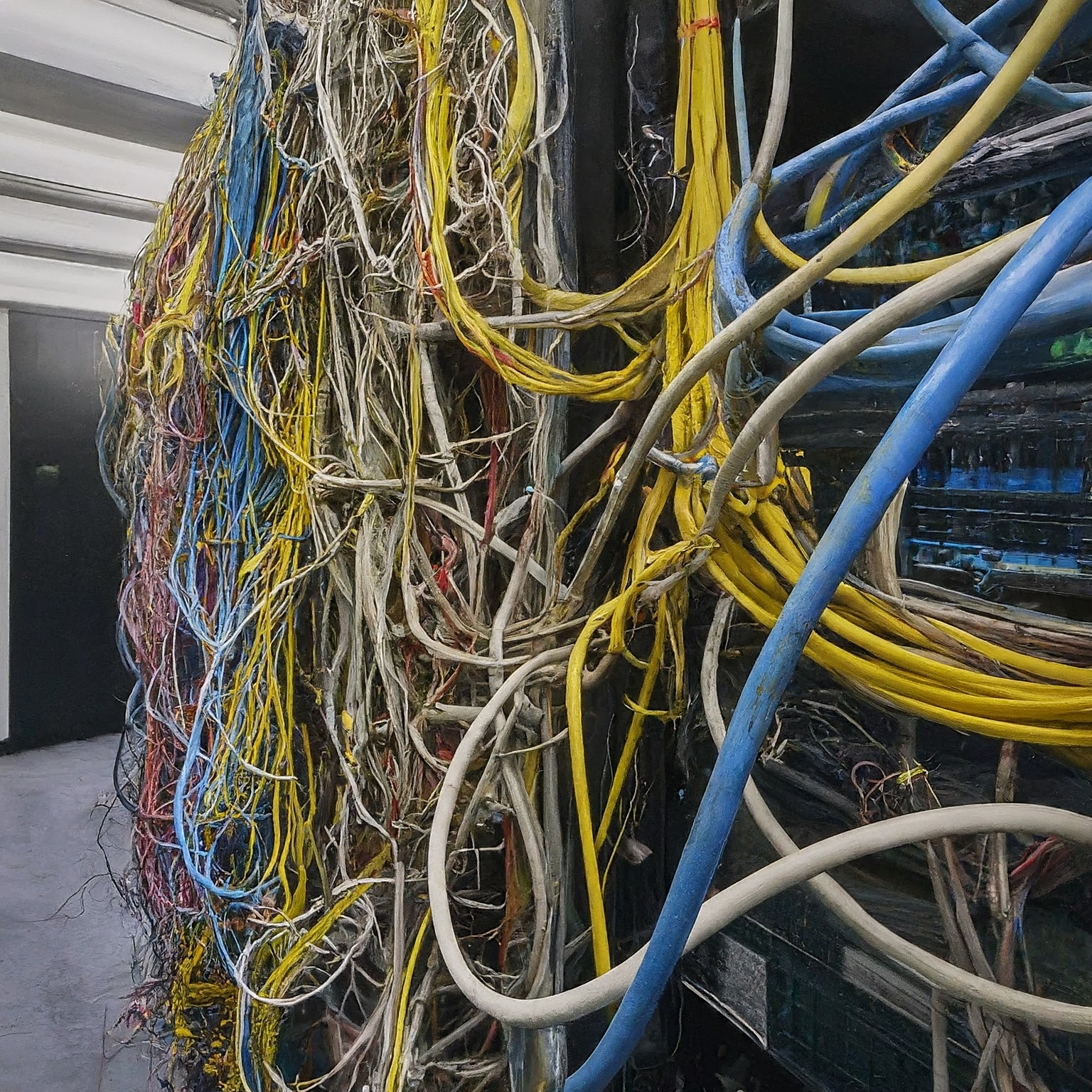 A tangled mess of server room cables symbolizes the potential complexity of managing interconnected microservices in a large system. 