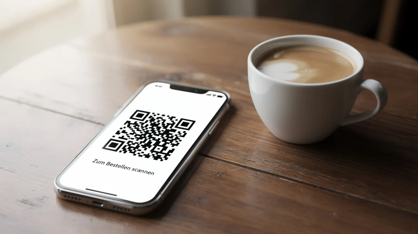 Auf dem Tisch liegt ein Smartphone, das einen QR-Code anzeigt, der für Transaktionen in einer Bitcoin Wallet verwendet werden kann. Neben dem Smartphone steht eine Kaffeetasse, was auf eine entspannte Atmosphäre hindeutet, während der Nutzer möglicherweise Kryptowährungen verwaltet.