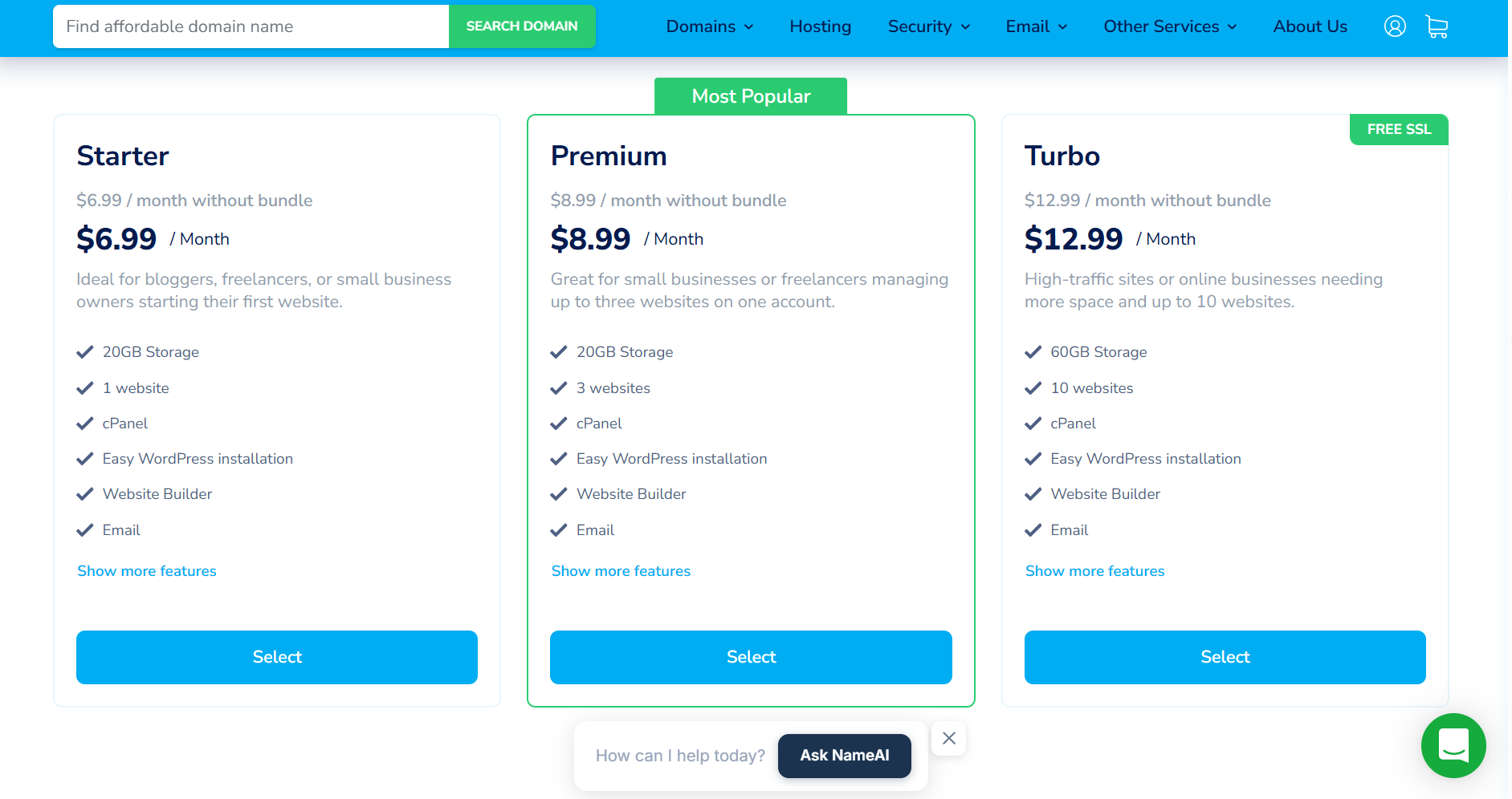 Screenshot of NameSilo's Domains plans