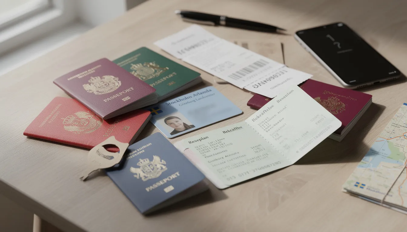 Ett bord är täckt med resedokument och pass som ligger utspridda. Det finns även en känsla av organisation och förberedelse inför en resa, där varje dokument är viktigt för att säkerställa en smidig passage genom kontroller.