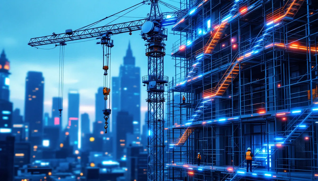 Integrated scaffold lighting illuminating a construction site.