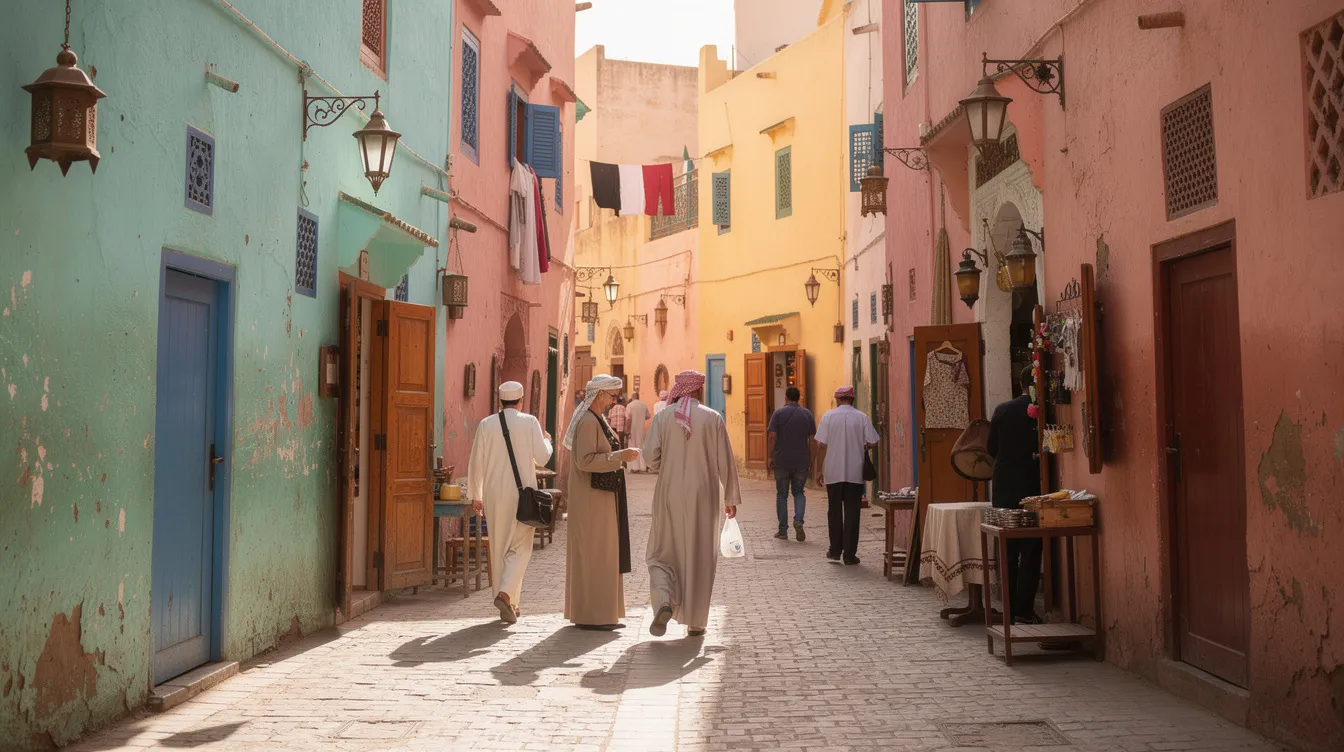 Una stradina della medina marocchina con facciate dai toni pastello.