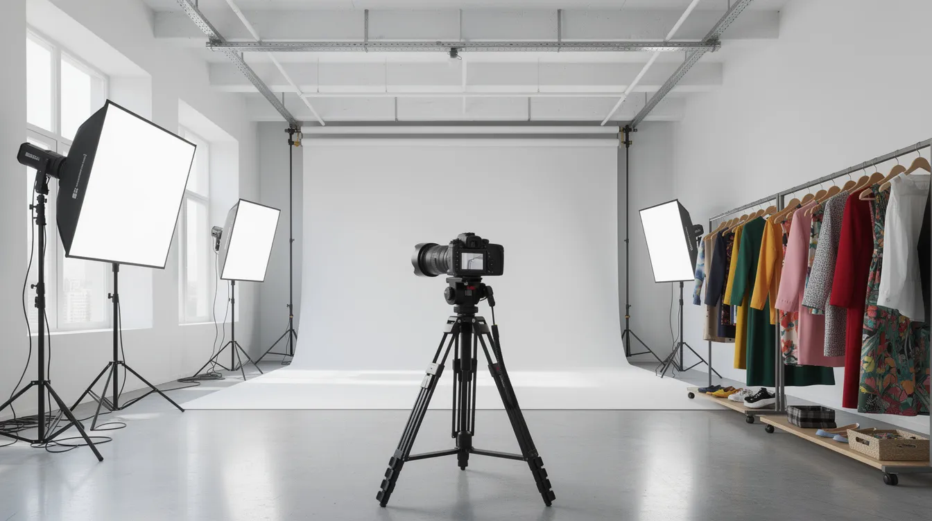 Een moderne fotoshootstudio met een professionele camera en kledingrekken vol met trendy outfits, ideaal voor het creëren van content voor sociale media en de mode-industrie. De ruimte straalt creativiteit uit, perfect voor jonge modellen en influencers die hun persoonlijke merk willen ontwikkelen.