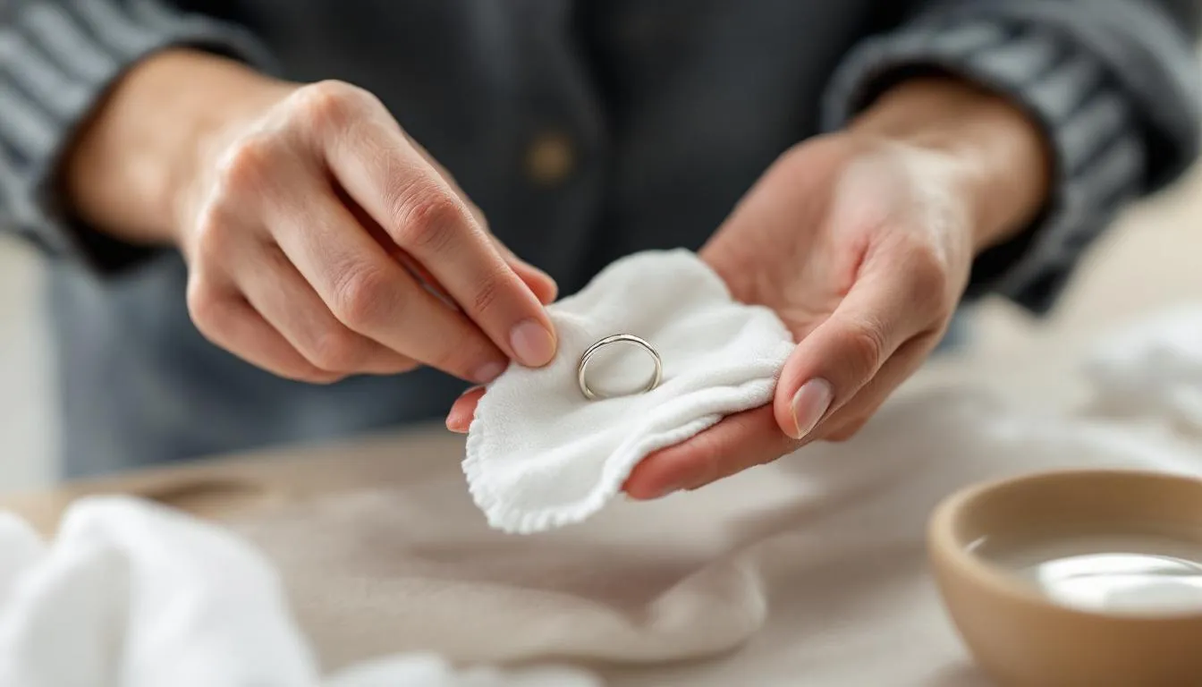 A person cleaning a 925 sterling silver ring.