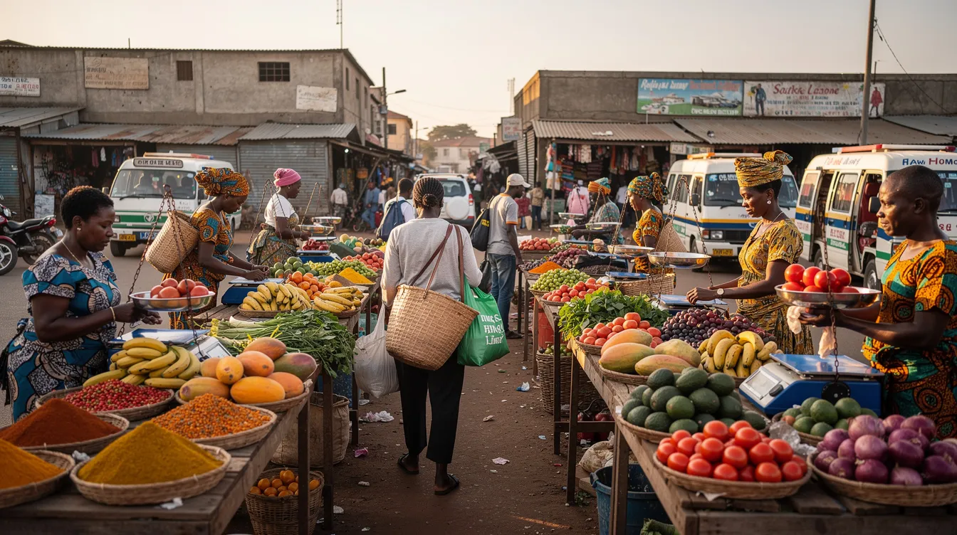 The image depicts a vibrant outdoor market scene in Nairobi, Kenya, bustling with vendors and colorful produce stalls filled with fresh fruits and vegetables. The lively atmosphere showcases the essence of East Africa, where locals and visitors alike enjoy the abundance of goods available in this trade hub.