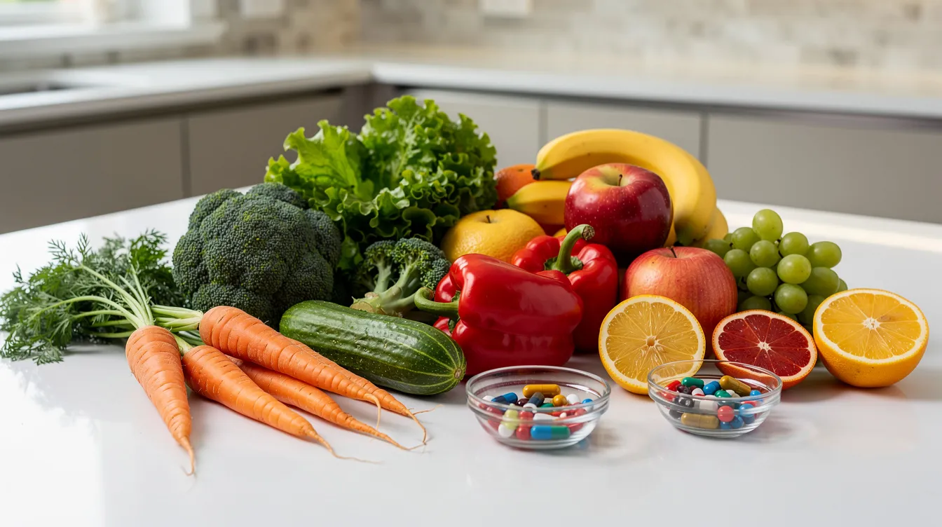 The image features a vibrant assortment of fresh vegetables and fruits alongside a bottle of supplement capsules on a kitchen counter, emphasizing a focus on digestive health and natural solutions. The arrangement suggests a commitment to gut health and cleansing power, with items that may support healthy bowel movements and relief from occasional constipation.