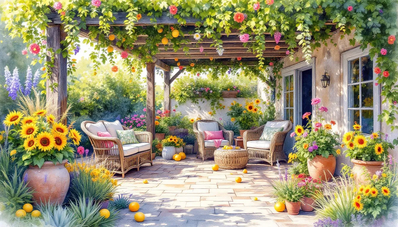 A stylish outdoor design showcasing the use of mixed materials, adding character to the patio.