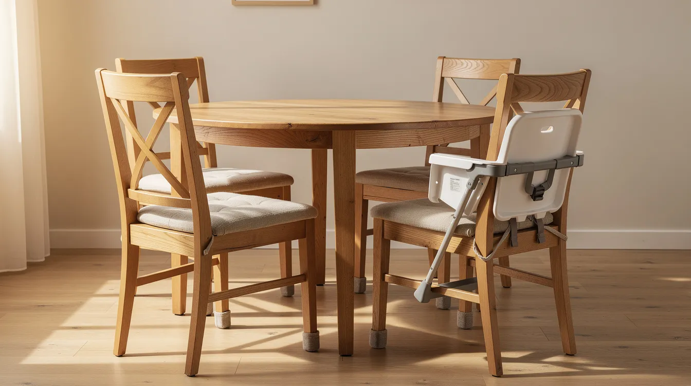 The image depicts a cozy family dining area featuring a sturdy round wooden dining table surrounded by four chairs with removable fabric seat cushions. A child's booster seat is placed on one chair, while felt pads on the chair legs protect the floor, creating a comfortable and inviting space for everyday meals.