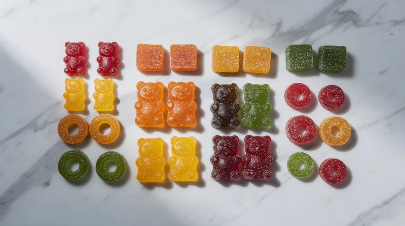 The image features an assortment of colorful gummy supplements, including various types of mushroom gummies, neatly arranged on a white marble surface. These gummies, which may include lion's mane and turkey tail, are designed to support everyday health with their beneficial nutrients and potential health benefits.