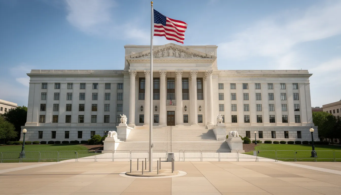 The image depicts a large federal government building prominently displaying the American flag. This structure symbolizes the federal employees' retirement system and the various benefits available through agencies like the Social Security Administration, including federal disability retirement and social security disability benefits.