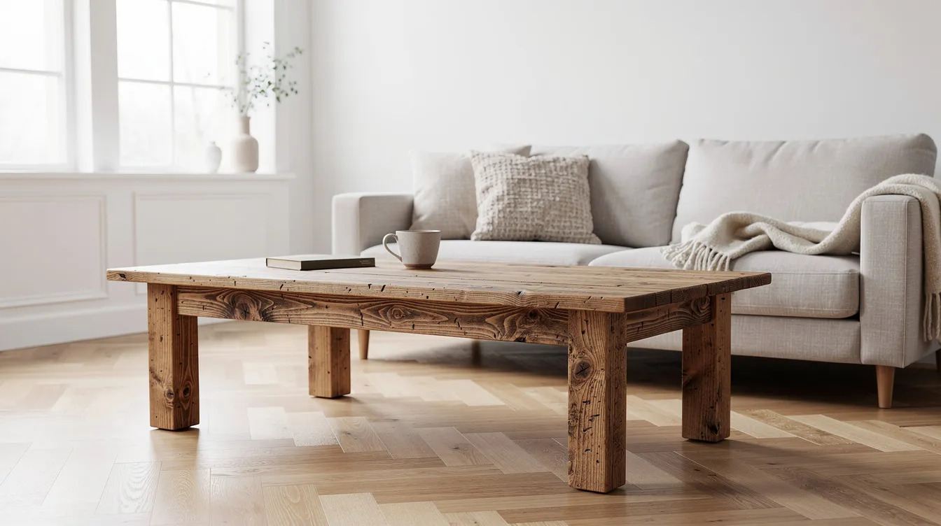 Ett rustikt soffbord i massivt trä med synliga ådringar står framför en ljus soffa i ett skandinaviskt vardagsrum, vilket ger en varm och inbjudande känsla till rummet. Bordet, som är en del av den rustika designen, passar perfekt in i hemmets stil och skapar en harmonisk atmosfär.