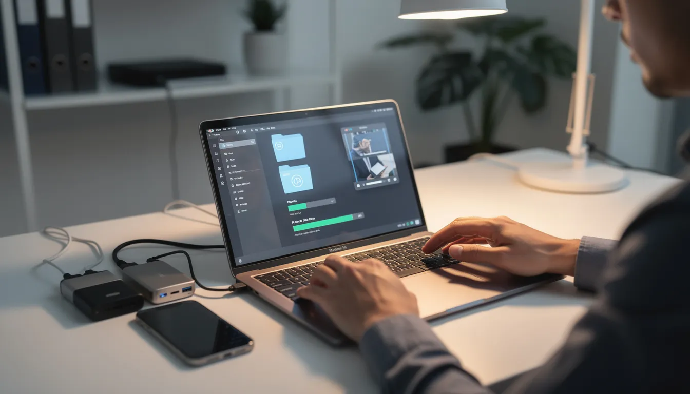 A person is seated at a desk, focused on a laptop as they transfer files and organize digital content, utilizing a read it later app to save articles for future reference. The scene captures the essence of a digital workspace, where the individual efficiently manages their reading list with just a few clicks.