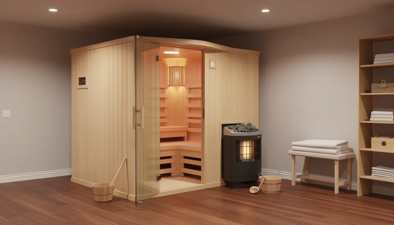 The image shows a well-installed home sauna, featuring a clean and organized basement room with wooden flooring. This indoor sauna, designed for relaxation and health benefits, offers a personal retreat for soothing sore muscles and enhancing cardiovascular health through regular sauna use.