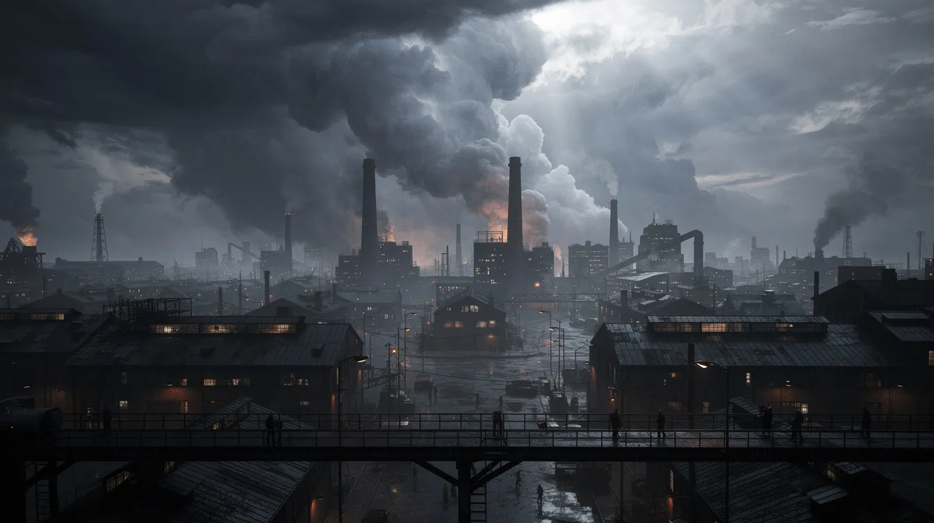 Der dramatische Himmel über der dunklen Industriestadt ist von schweren Wolken durchzogen und wird von rauchenden Schornsteinen dominiert, während winzige Menschensilhouetten in der Ferne stehen. Diese Darstellung spiegelt die Emotionen und die Isolation wider, die oft in der Literatur und Kunst des Expressionismus in der Epoche nach dem Ersten Weltkrieg thematisiert werden.