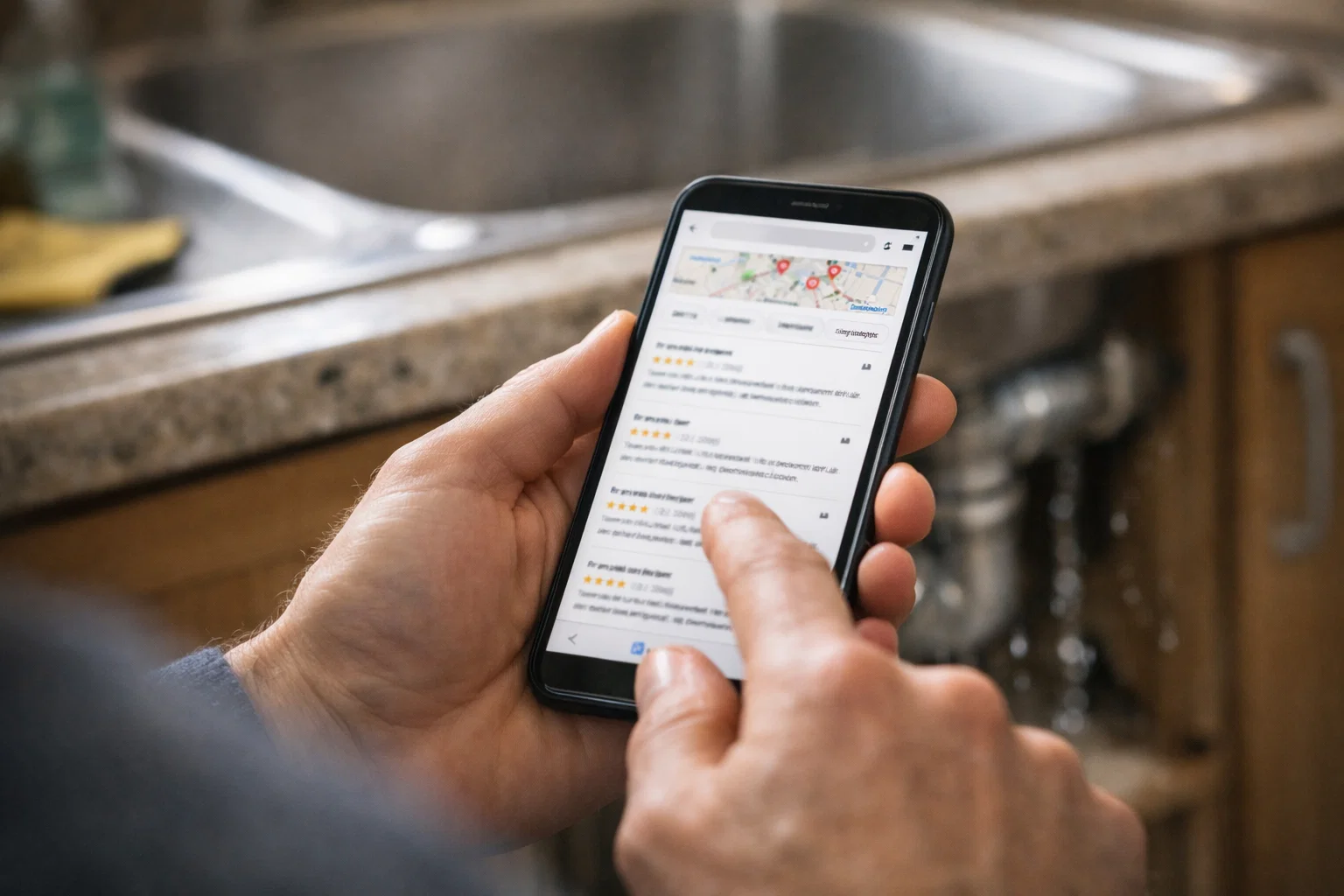 Homeowner searching for a local plumber on smartphone with leaking sink in background