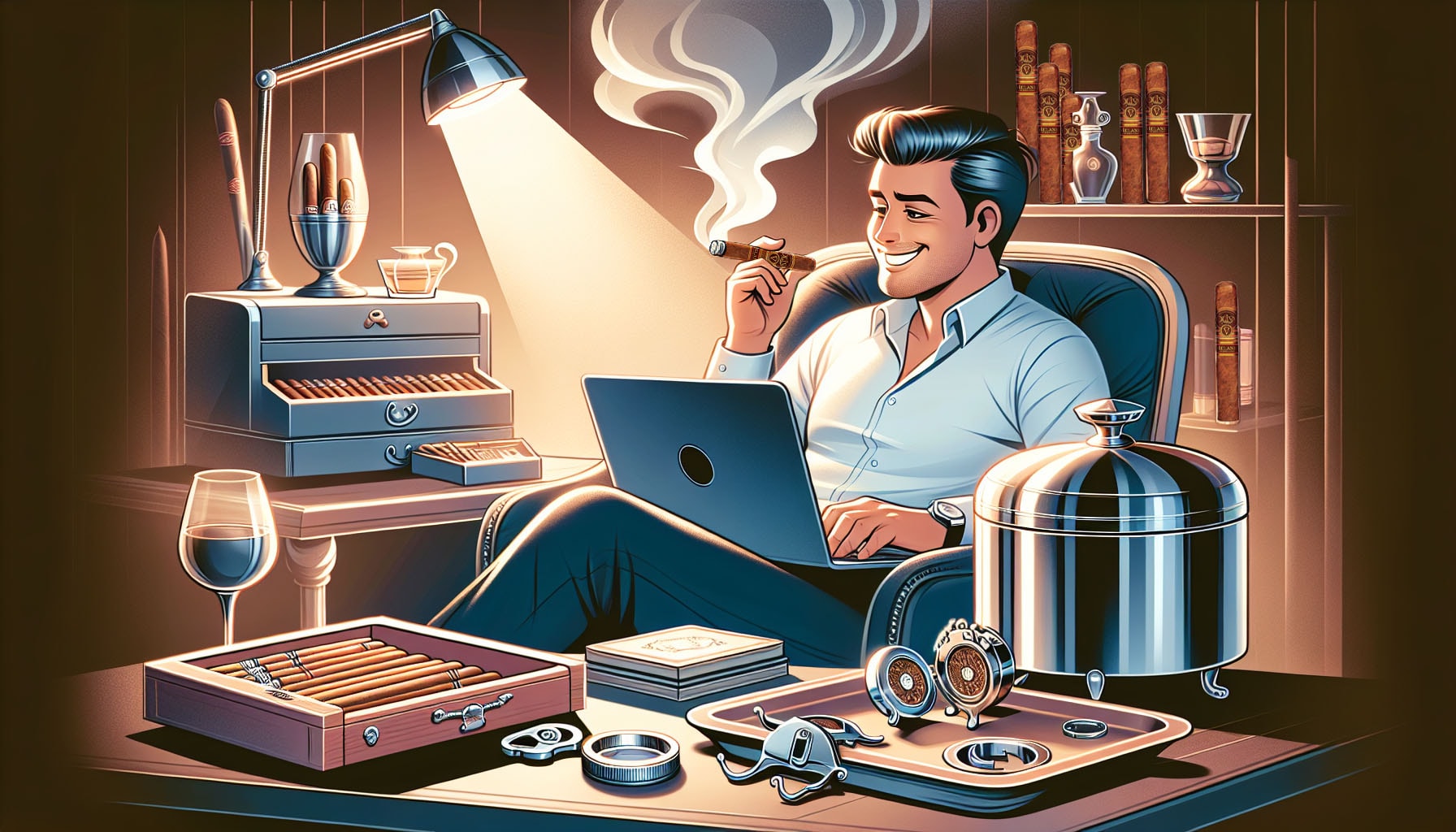 An artistic depiction of online shopping for Oliva cigars.